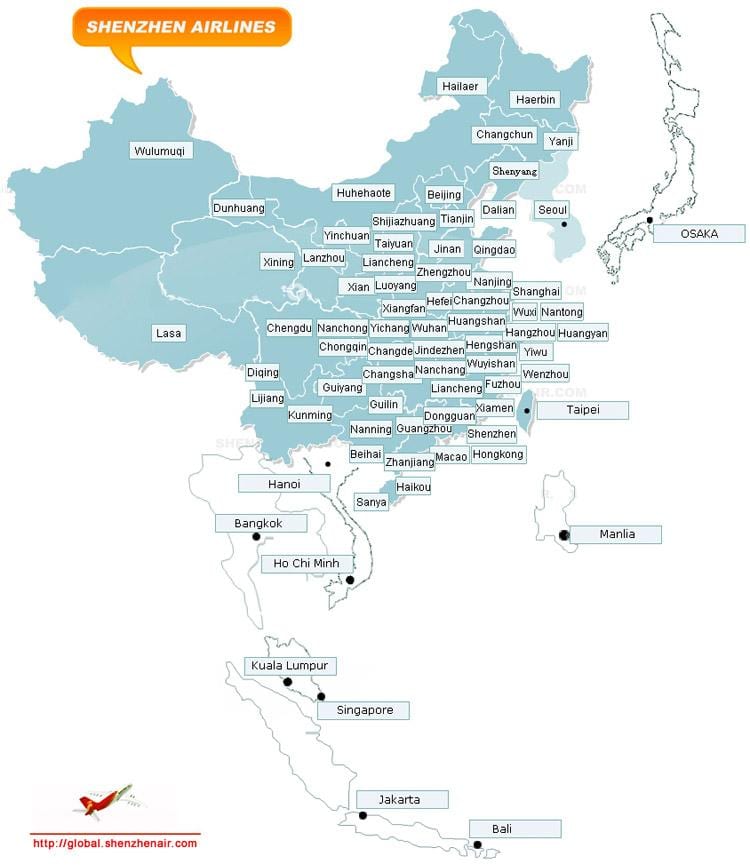 kaart van Shenzhen airlines route
